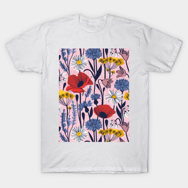 Wild field // pattern // pastel pink background neon red orange shade poppies white daisies denim blue cornflower pink bluebells yellow fennel flowers and other wild flowers meadow plants T-Shirt by SelmaCardoso